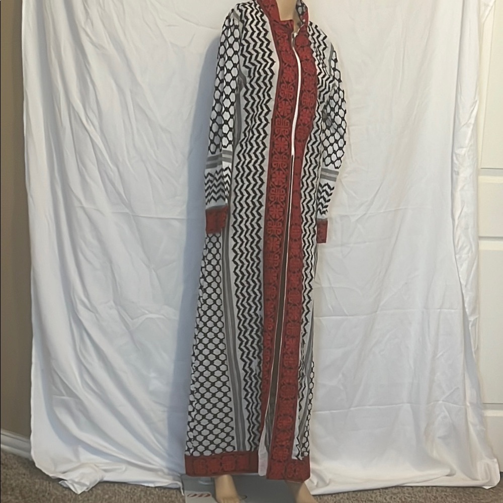 NOWT traditional Black & White Long Sleeve Resort Dress with Mandarin Collar